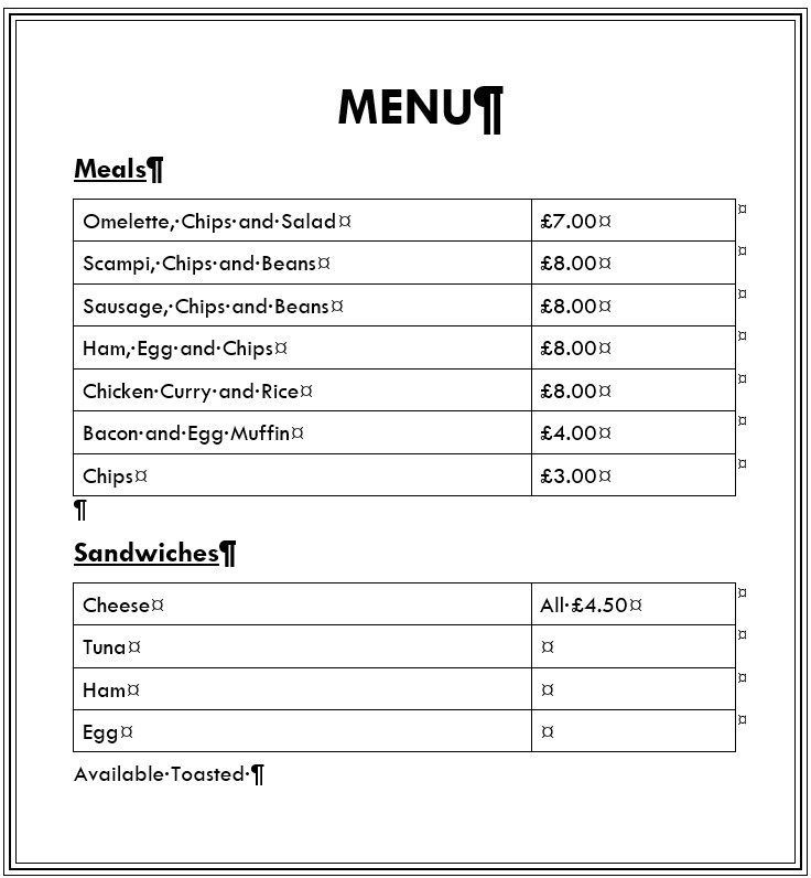 Menu for Bowling Club